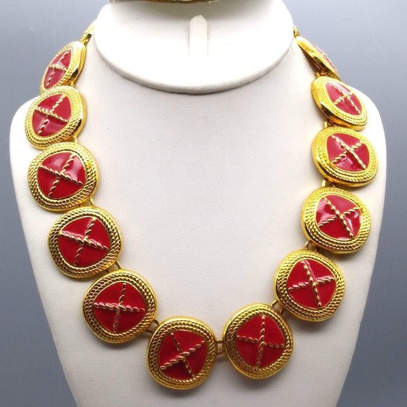 Retro Power Necklace, Vintage Red and Gold Tone with Linked Enamel Panels - Picture 1 of 3